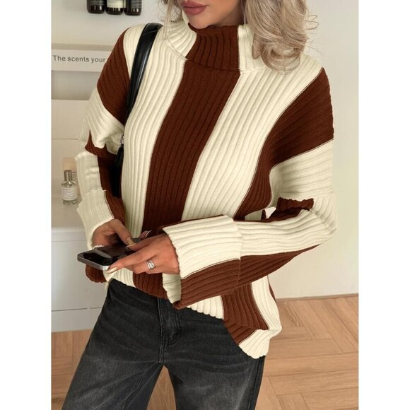 Women’s Color Block Turtleneck Sweater Oversized Casual Fall Dress - Picture 3 of 5